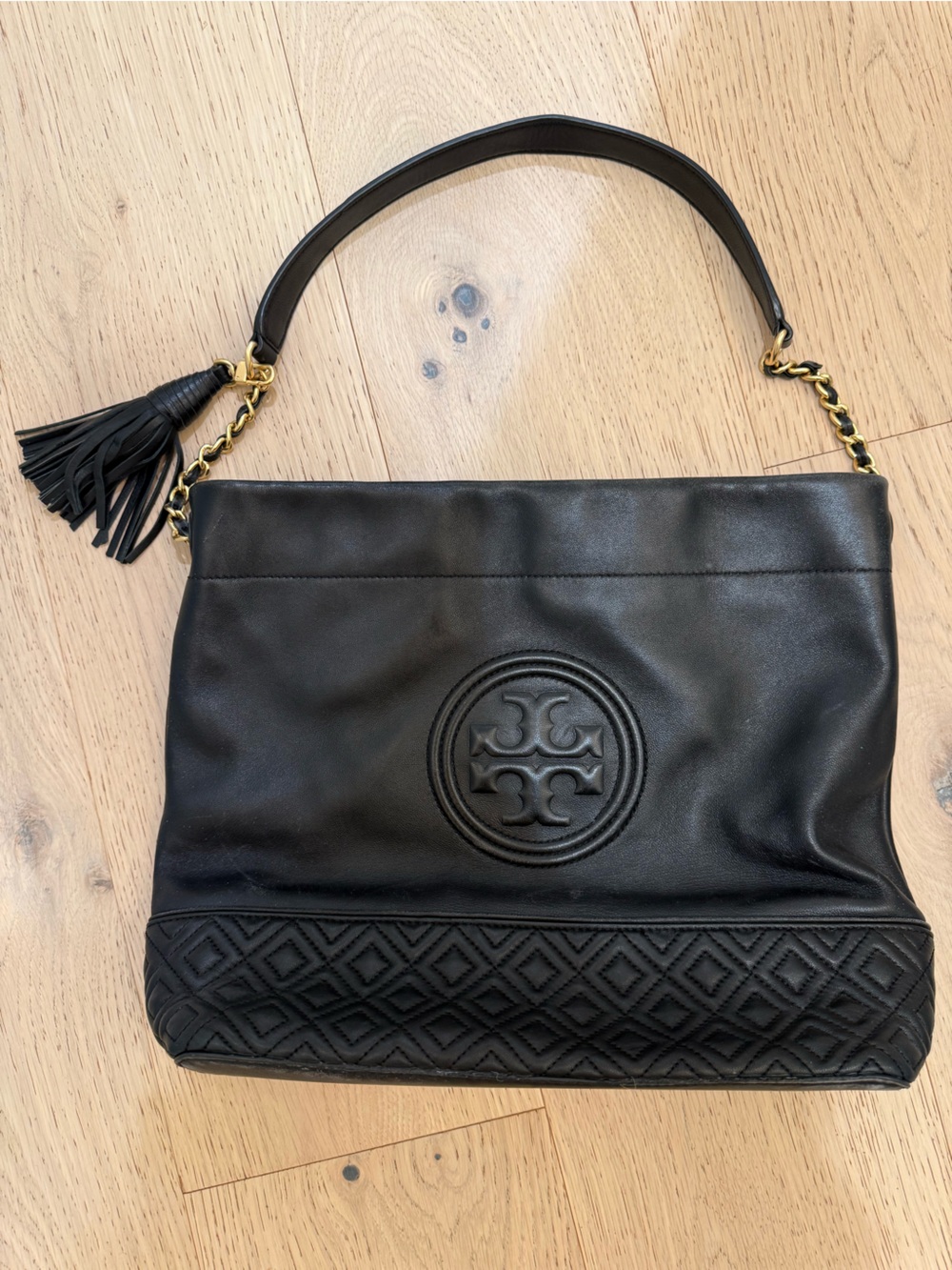 Tory Burch Black Quilted Top Leather Fold-Over Clutch with Tassel